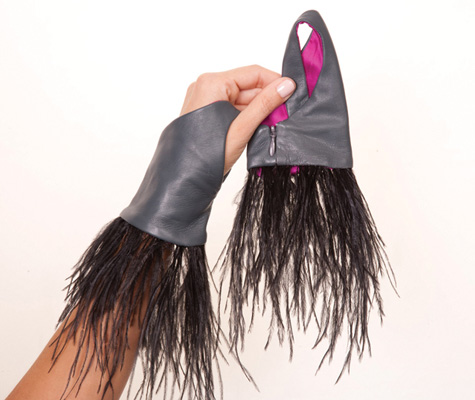 fingerless gloves - style# ts0701 sl-hp with ostrich feathers trim